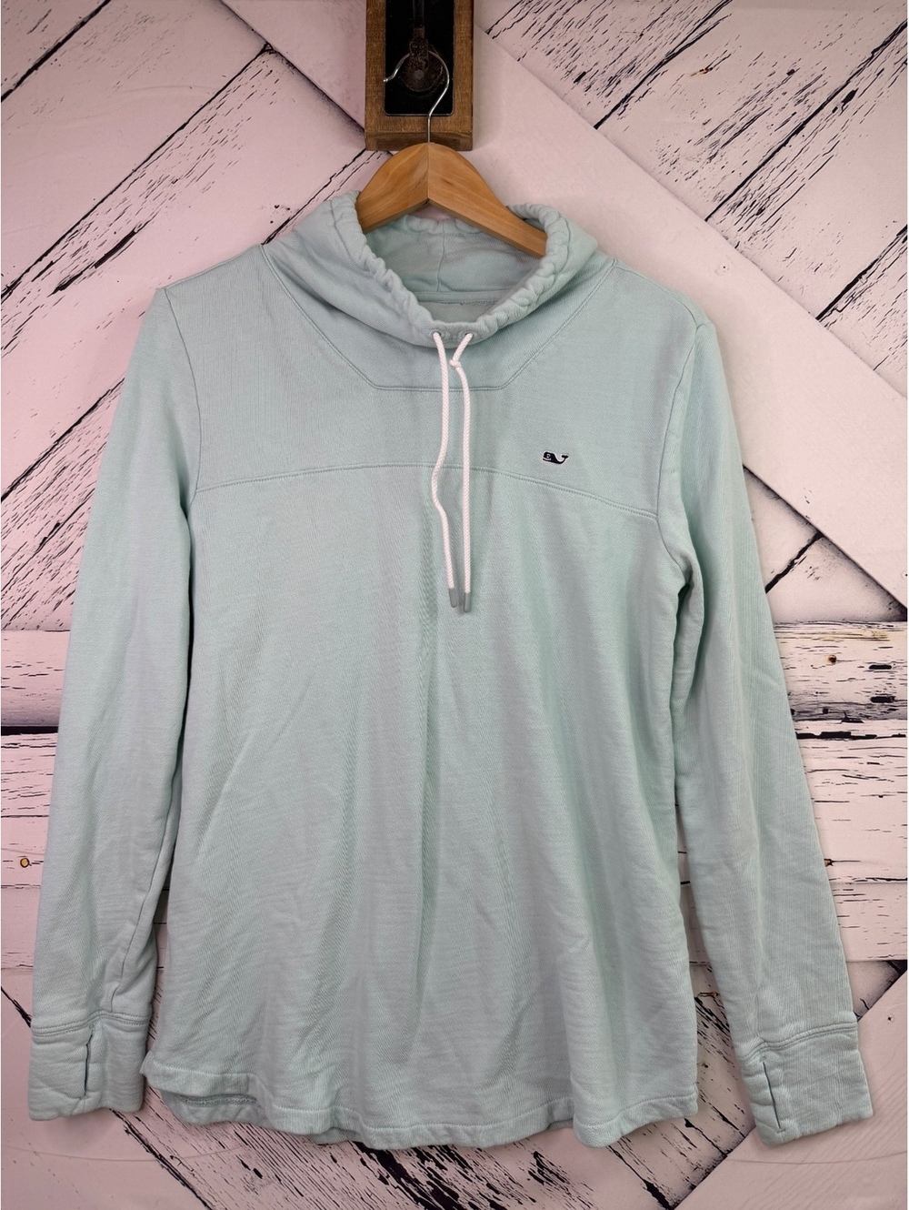 Vineyard Vines Coastal Preppy Funnel Neck Pullover Mint Whale Logo Women Small